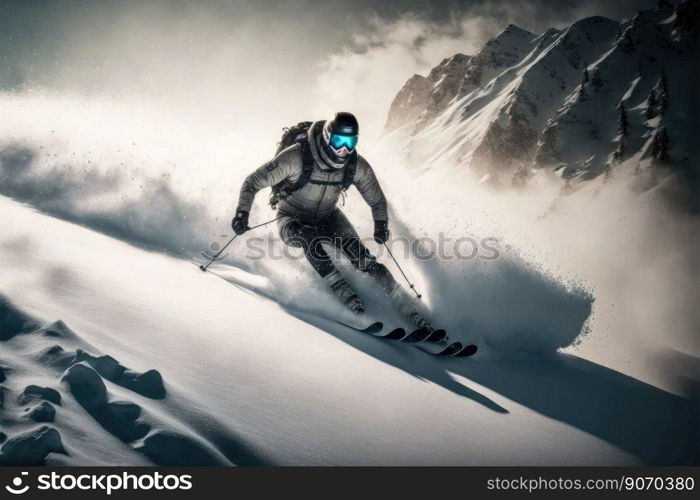 Sport man skiing on snow mountain in winter . Active and extreme sport. Peculiar AI generative image.. Sport man skiing on snow mountain in winter . Active and extreme sport .