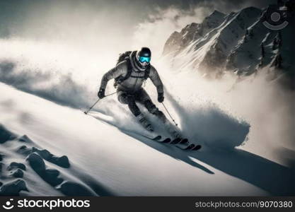 Sport man skiing on snow mountain in winter . Active and extreme sport. Peculiar AI generative image.. Sport man skiing on snow mountain in winter . Active and extreme sport .