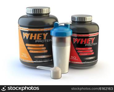 Sport nutrition, whey protein powder for bodybuilding with plastic jars and shaker isolated on white. 3d