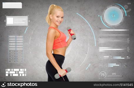 sport, people and fitness concept - happy young sporty woman exercising with light dumbbells over gray concrete background. young sporty woman with light dumbbells
