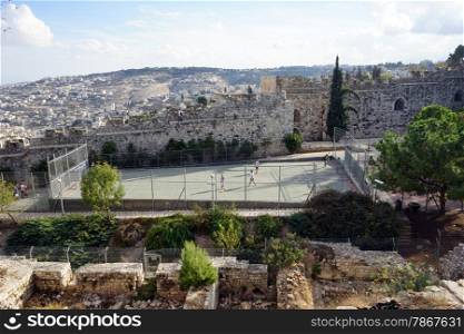 Sport place near ancient wall of OLd city in Jerusalem, Israel