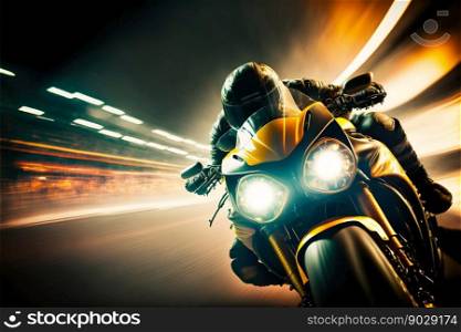 Sport racing bike high speed with road lights. Ge≠rative AI. High quality illustration. Sport racing bike high speed with road lights. Ge≠rative AI