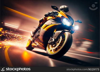 Sport racing bike high speed with road lights. Generative AI. High quality illustration. Sport racing bike high speed with road lights. Generative AI