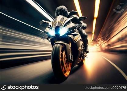 Sport racing bike high speed with road lights. Generative AI. High quality illustration. Sport racing bike high speed with road lights. Generative AI
