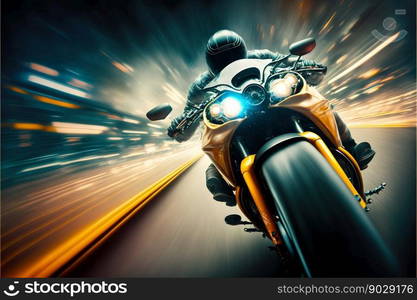 Sport racing bike high speed with road lights. Generative AI. High quality illustration. Sport racing bike high speed with road lights. Generative AI