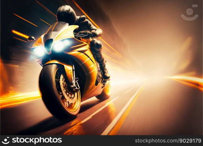 Sport racing bike high speed with road lights. Generative AI. High quality illustration. Sport racing bike high speed with road lights. Generative AI