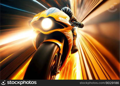 Sport racing bike high speed with road lights. Generative AI. High quality illustration. Sport racing bike high speed with road lights. Generative AI