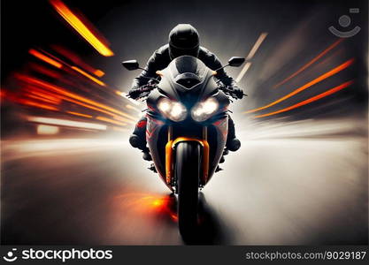 Sport racing bike high speed with road lights. Generative AI. High quality illustration. Sport racing bike high speed with road lights. Generative AI