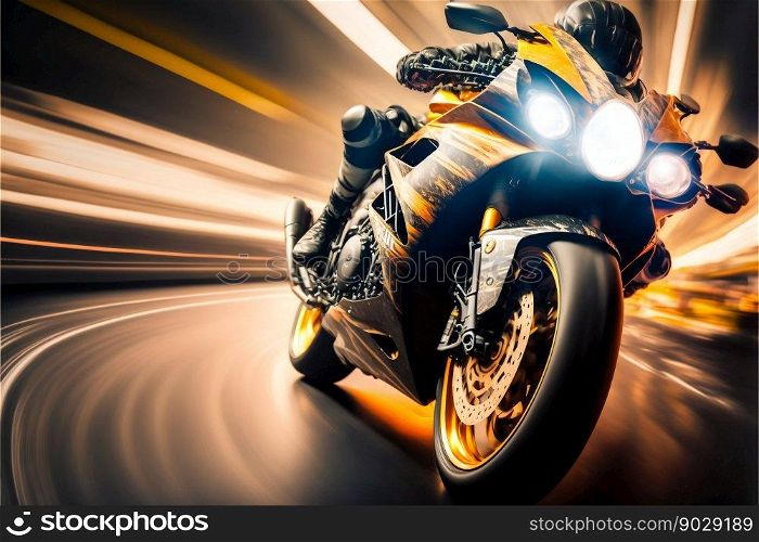 Sport racing bike high speed with road lights. Generative AI. High quality illustration. Sport racing bike high speed with road lights. Generative AI