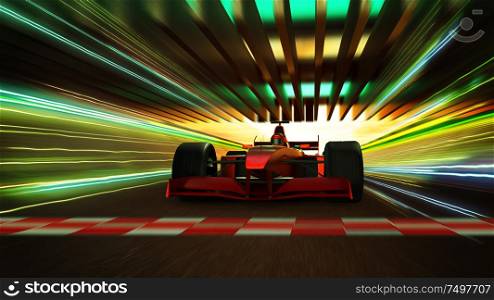 Sport racing car driver pass the finishing line achieve the champion dreame , motion blur and lighting effect apply . 3D rendering and mixed media composition .