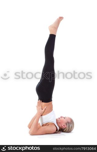 Sport Series: Young Blonde Woman doing Yoga. Shoulder Stand