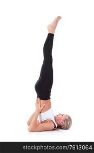 Sport Series: Young Blonde Woman doing Yoga. Shoulder Stand