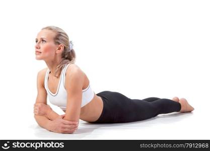 Sport Series:Young Blonde Woman doing Yoga. Sphinx Pose