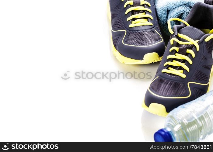 Sport shoes, measuring type and water on white background