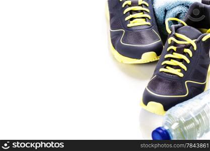 Sport shoes, measuring type and water on white background