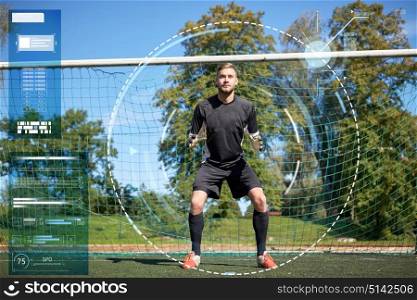 sport strategy, technology and people - soccer player or goalkeeper at football goal on field. goalkeeper or soccer player at football goal
