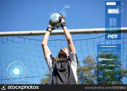 sport strategy, technology and people - soccer player or goalkeeper catching ball at football goal on field. goalkeeper with ball at football goal on field
