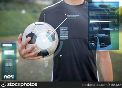 sport, technology and people concept - close up of soccer player with ball on football field. close up of soccer player with football on field