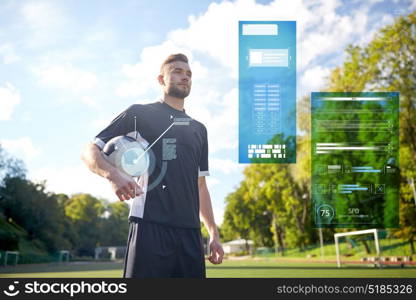 sport, technology and people concept - soccer player with ball on football field. soccer player with ball on football field