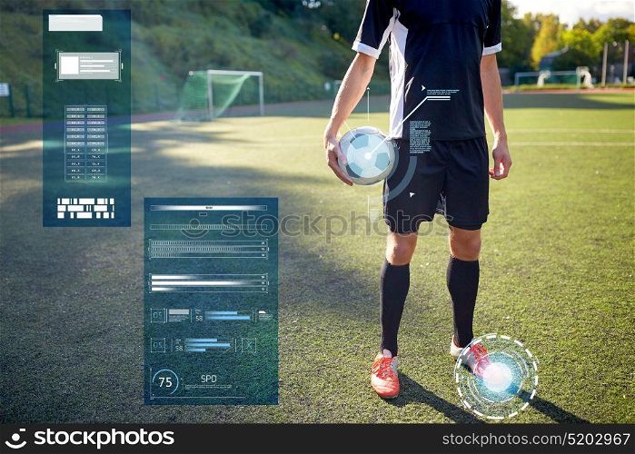 sport, technology and people concept - soccer player with ball on football field. soccer player with ball on football field