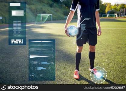 sport, technology and people concept - soccer player with ball on football field. soccer player with ball on football field