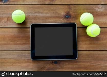 sport, technology, game and objects concept - close up of three yellow tennis balls and tablet pc computer on wooden floor