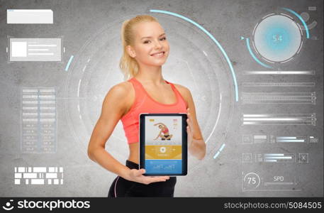 sport, training and technology - happy sporty woman with fitness application on tablet pc computer screen over gray concrete background. sporty woman with fitness application on tablet pc. sporty woman with fitness application on tablet pc