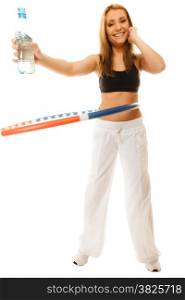 Sport training gym and lifestyle concept. Full length sporty girl doing exercise with hula hoop. Fitness woman drinking water isolated on white