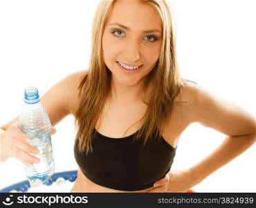 Sport training gym and lifestyle concept. Sporty girl doing exercise with hula hoop. Fitness woman drinking water isolated on white