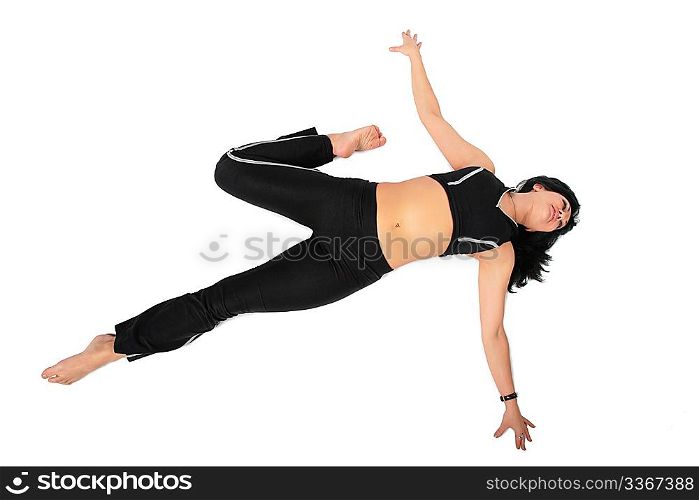 Sport woman in black makes exercise