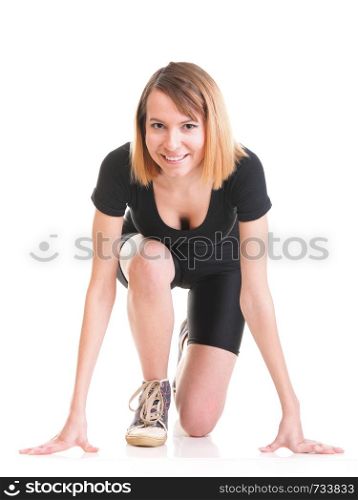 Sport Young woman in black doing exercise gymnastic pose isolated on white
