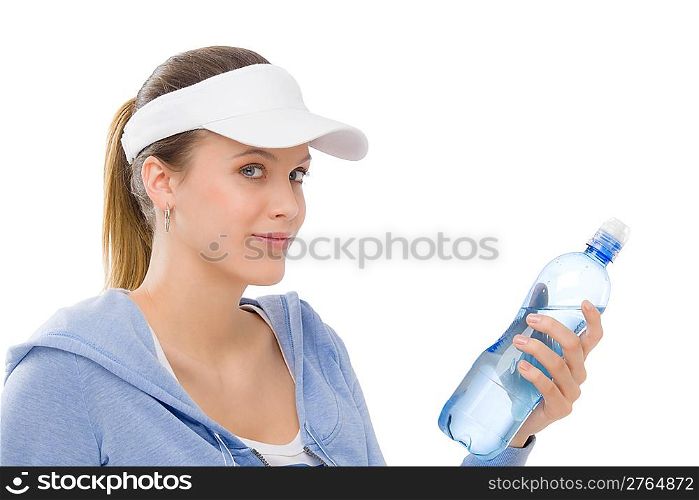 Sport - young woman in summer fitness outfit with water bottle