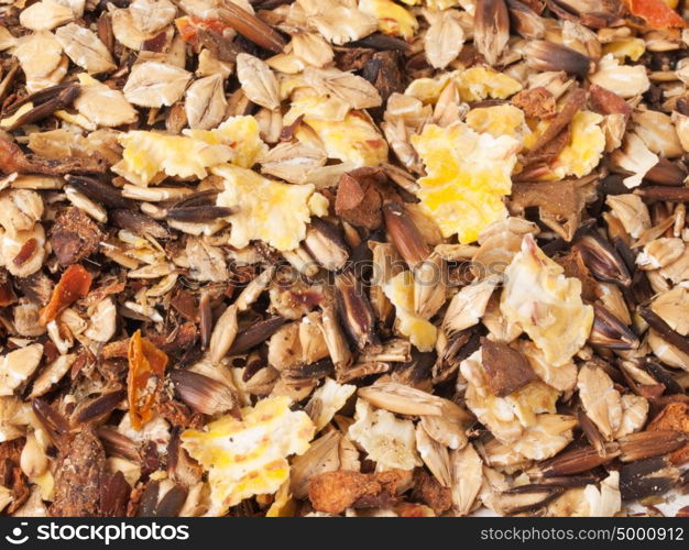 sportive muesli background with black oat. for horse.