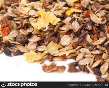 sportive muesli with black oats. background. for horse.