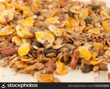 sportive muesli with corn flakes for horses. close up. selective focus