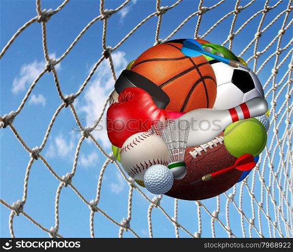Sports activity success concept and fitness activities through the playing of a team or individual sport with aball made from a group of game balls and equipment as basketball football soccer bowling scoring in a net.