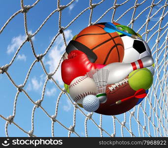 Sports activity success concept and fitness activities through the playing of a team or individual sport with aball made from a group of game balls and equipment as basketball football soccer bowling scoring in a net.