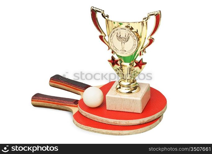 sports awards and tennis racquets isolated on a white background