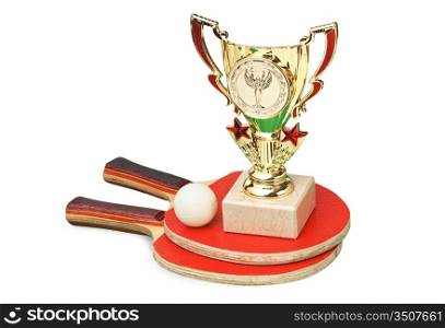 sports awards and tennis racquets isolated on a white background