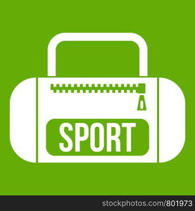 Sports bag icon white isolated on green background. Vector illustration. Sports bag icon green