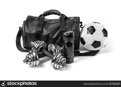 Sports bag with sports equipment isolated on white background