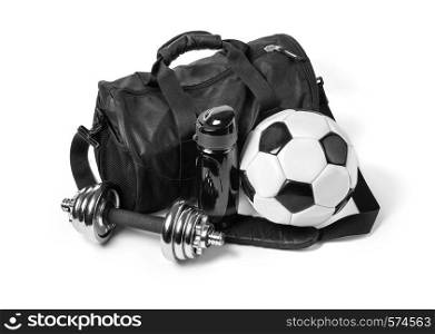 Sports bag with sports equipment isolated on white background