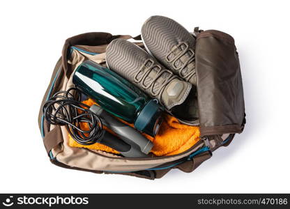 Sports bag with sports equipment Isolated on white background. Sports bag with sports equipment