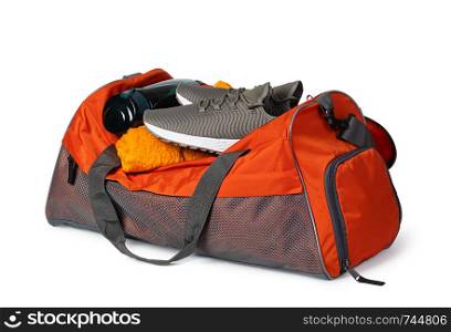 Sports bag with sports equipment Isolated on white background. Sports bag with sports equipment