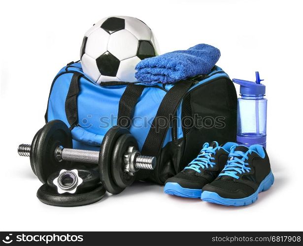 Sports bag with sports equipment isolated on white with clipping path