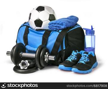 Sports bag with sports equipment isolated on white with clipping path