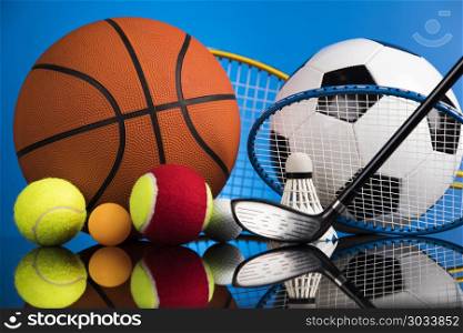 Sports balls with equipment . Sport equipment and balls