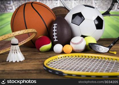 Sports balls with equipment . Sport Equipment, Soccer,Tennis,Basketball