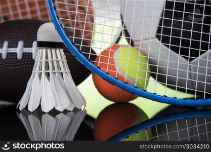 Sports balls with equipment . Sport Equipment, Soccer,Tennis,Basketball
