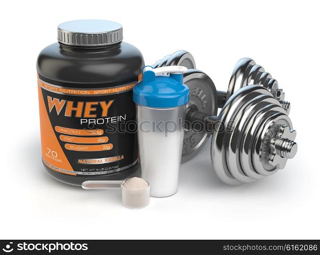 Sports bodybuilding supplements or nutrition. Fitness or healthy lifestyle concept. Whey protein with dumbbells and shaker. 3d illustration